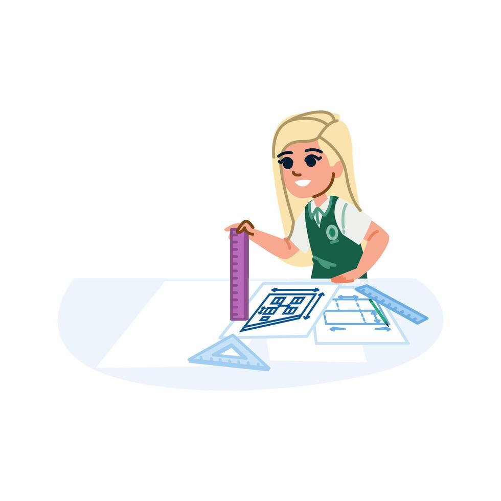 Young architect girl designing a building with ruler and set square vector