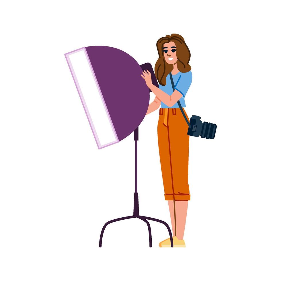 Photographer adjusting softbox in photo studio getting ready for shooting session vector