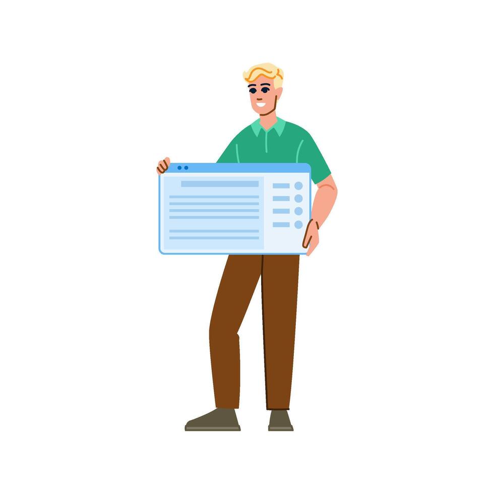 sonriente desarrollador demostración sitio web o software interfaz vector