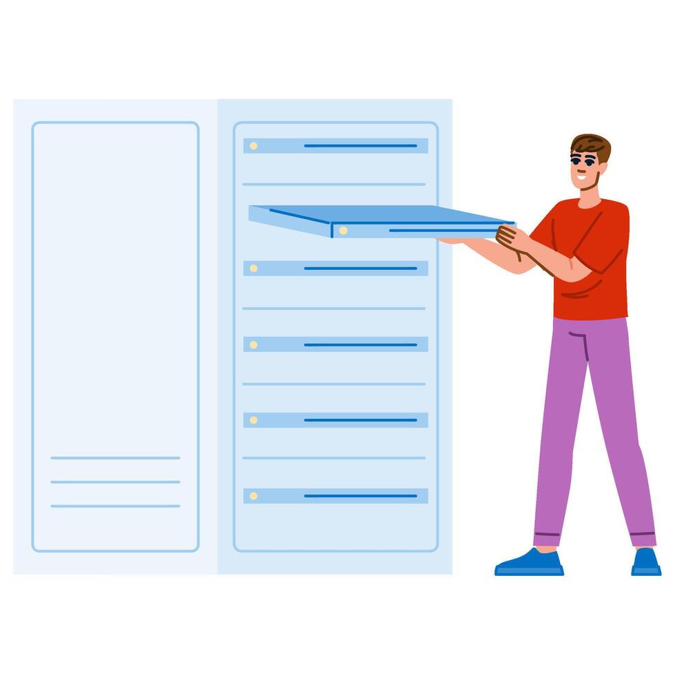 System administrator inserting server rack unit into data center network server cabinet vector