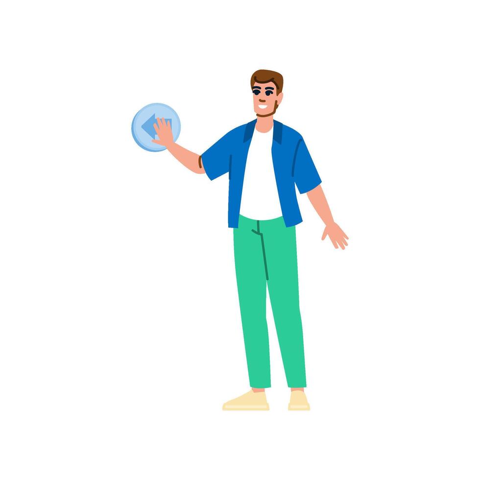 Young man pressing backward button on interactive virtual screen vector