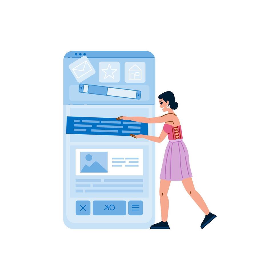 Woman moving website elements on giant smartphone screen, optimizing user interface and user experience vector