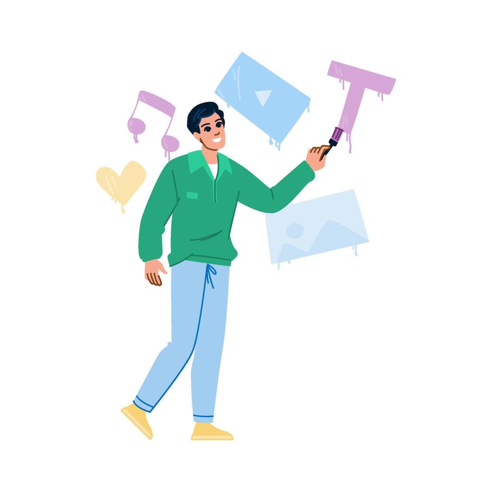 Content creator adding text to social media post with images, videos, and music notes vector