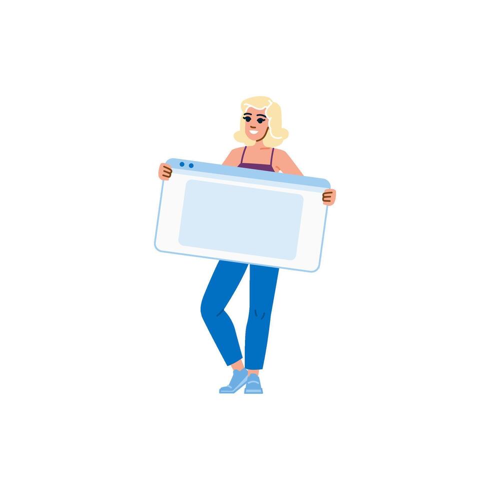 Woman showing big empty web browser window template vector