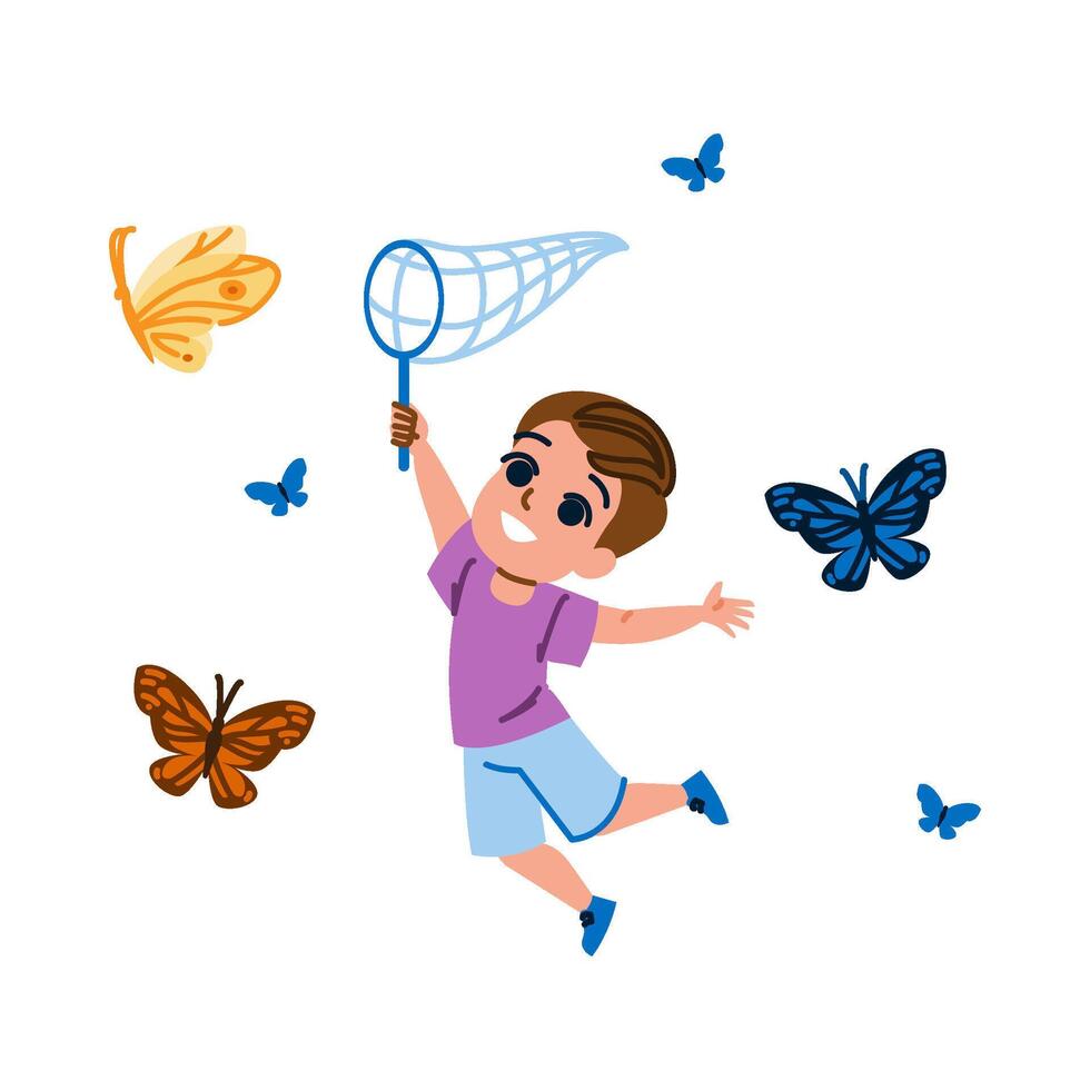 Happy child catching butterflies with net in summer meadow vector