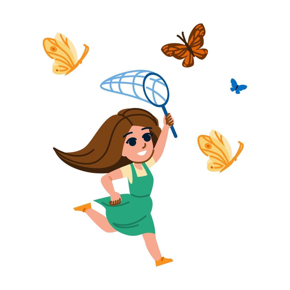 Young girl running and trying to catch butterflies with net vector