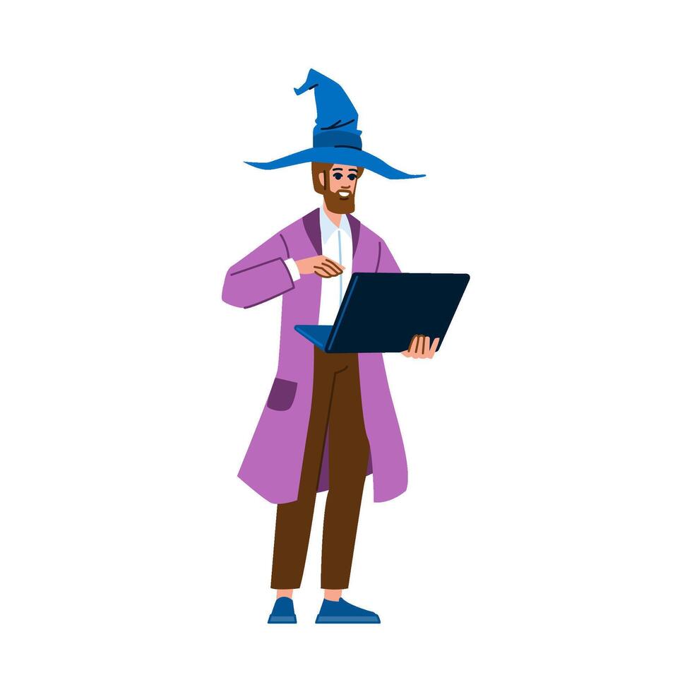Modern wizard using laptop for online spell casting and digital magic vector