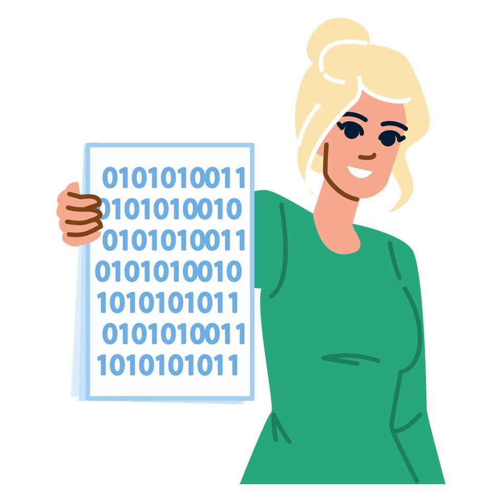 Programmer showing binary code on paper smiling at work vector