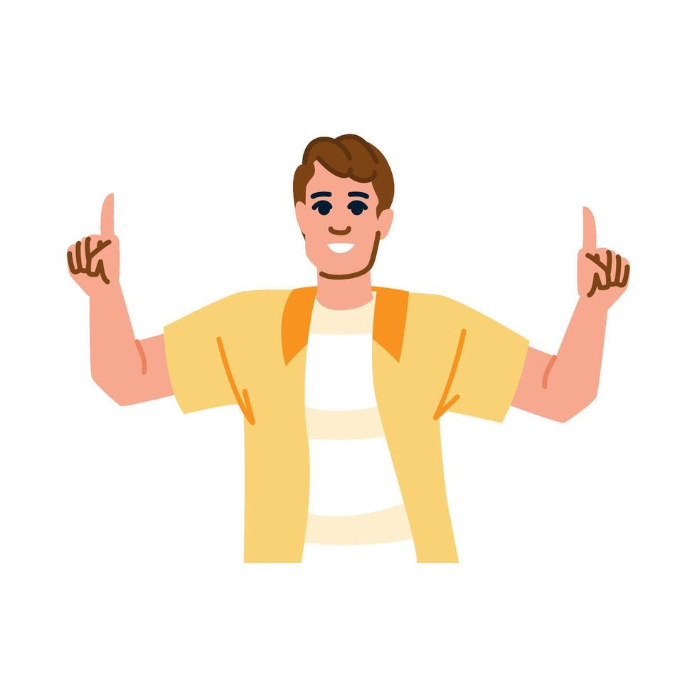 Smiling man pointing up with both index fingers vector