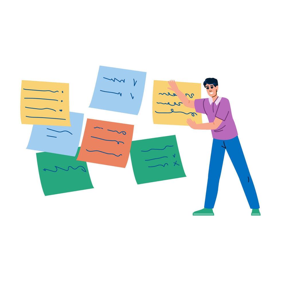 Project manager organizing tasks, arranging sticky notes on whiteboard, managing project schedule and workflow vector