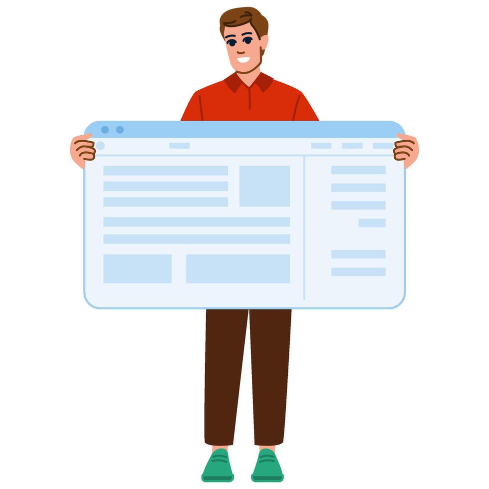 Smiling web developer showing browser window with code and text vector