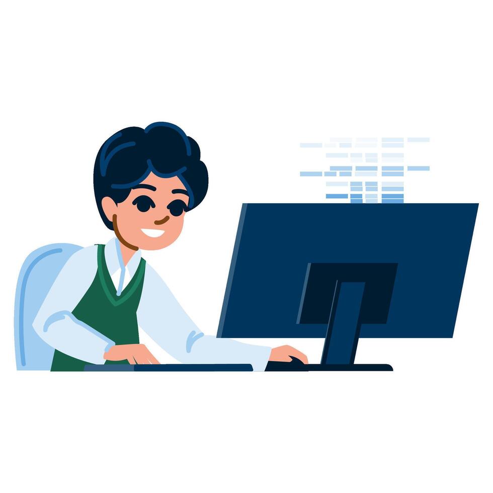 Young programmer writing code on desktop computer, smiling child developing software vector
