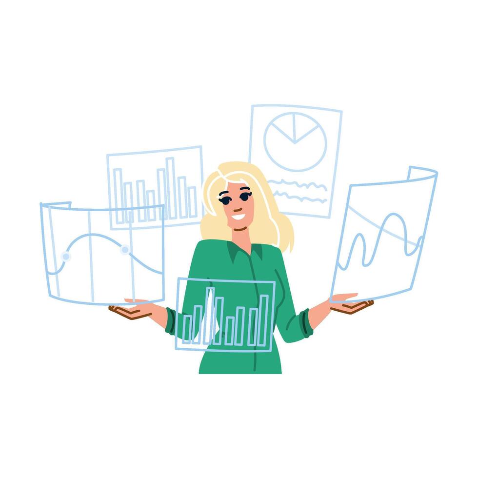 Businesswoman analyzing statistical charts and graphs, visualizing big data and business analytics vector