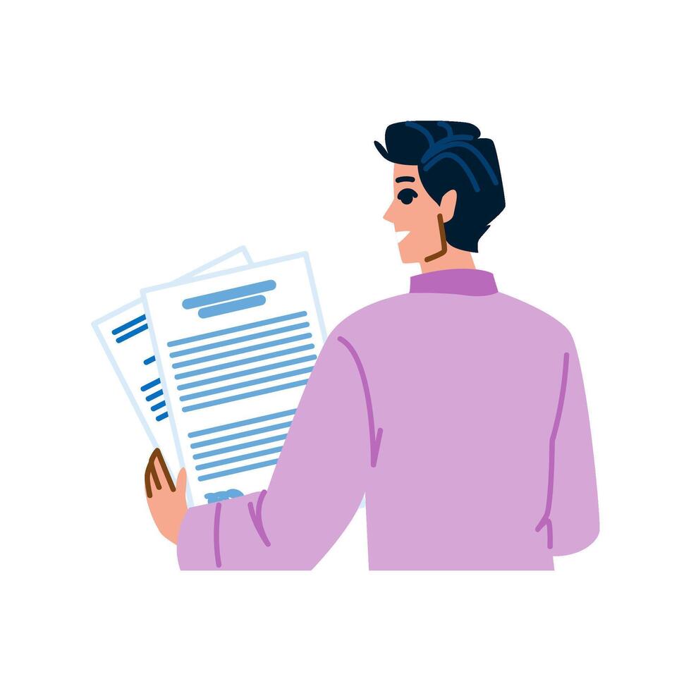 Businessman reading contract or analyzing financial report with smiling face vector