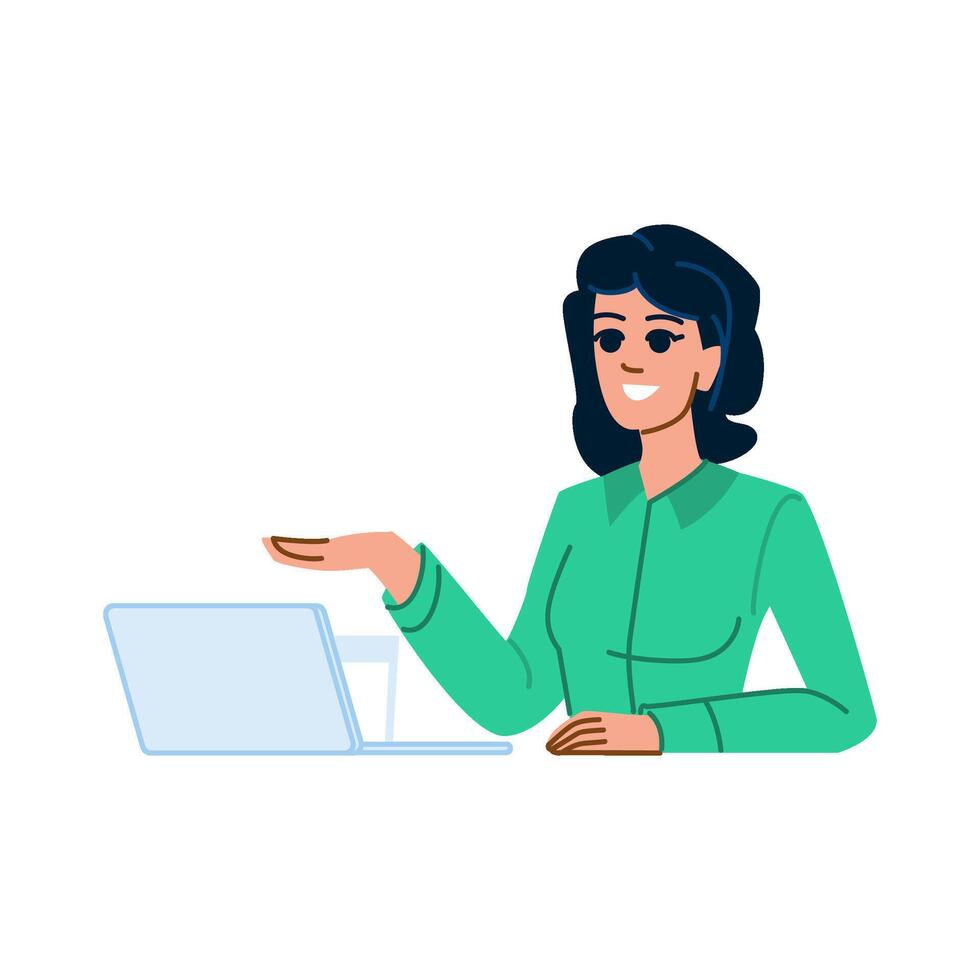 Smiling businesswoman showing something with hand and using laptop computer vector