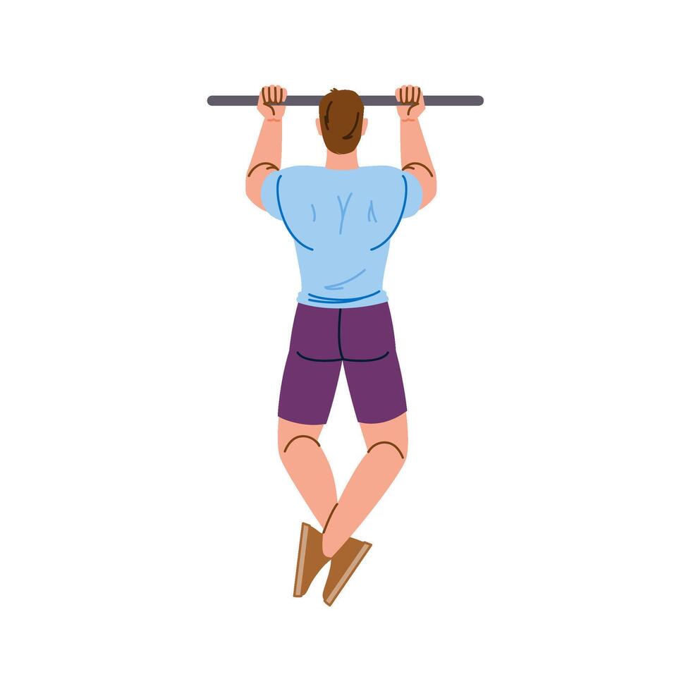 Strong man doing pull ups on horizontal bar, rear view vector