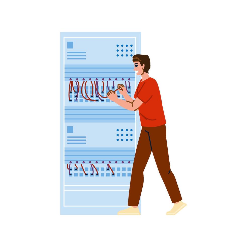 Technician connecting wires in server rack, performing maintenance and configuration of network equipment vector