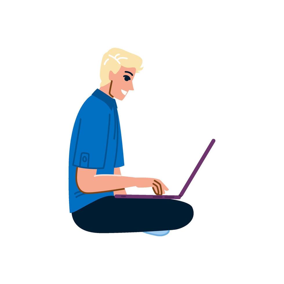 Young man working remotely using laptop computer vector