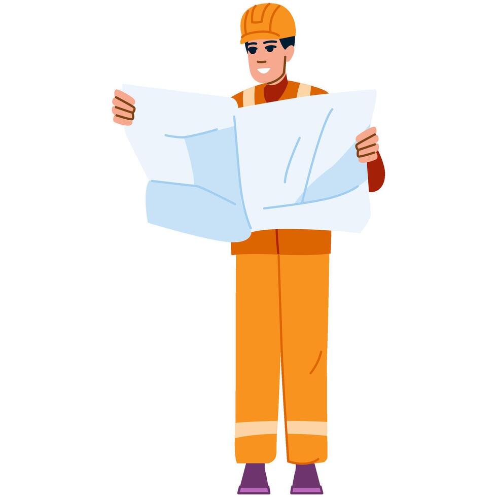 Smiling construction worker reading blueprint on white background vector