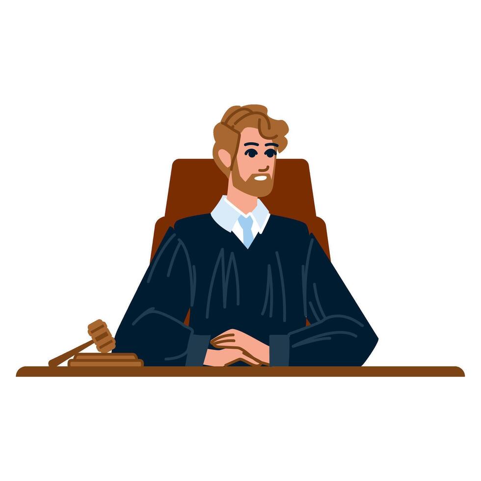 Judge sitting at table managing court session and leading litigation process vector