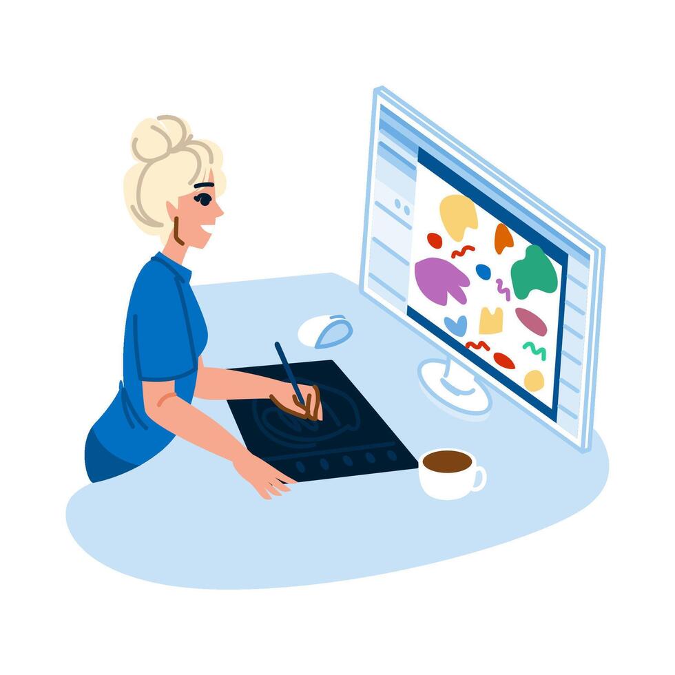 Female graphic designer working on computer with drawing tablet and pen creating digital art vector