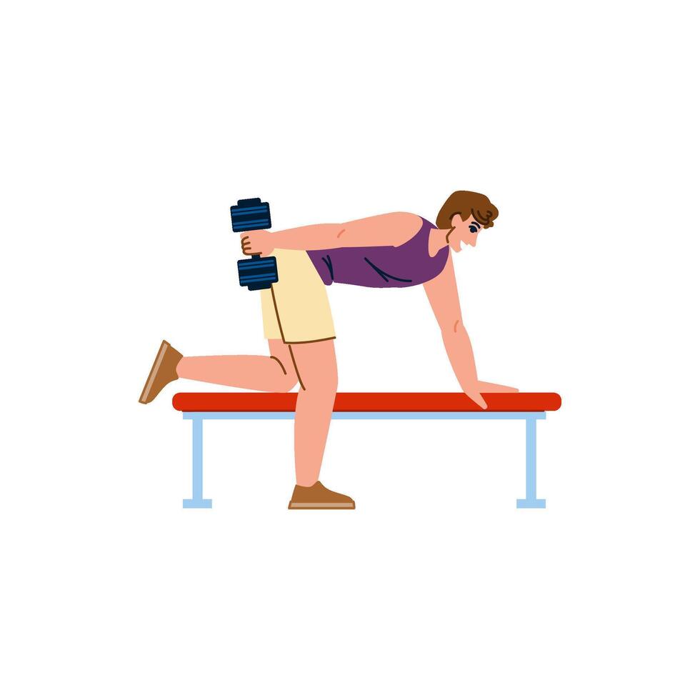 Man lifting dumbbell while doing triceps exercise on bench vector