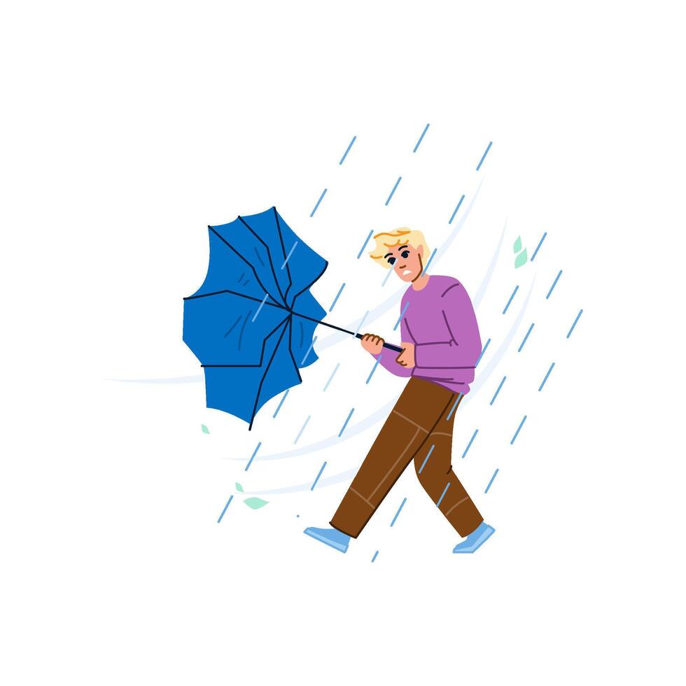 Man walking with broken umbrella in strong wind and rain vector