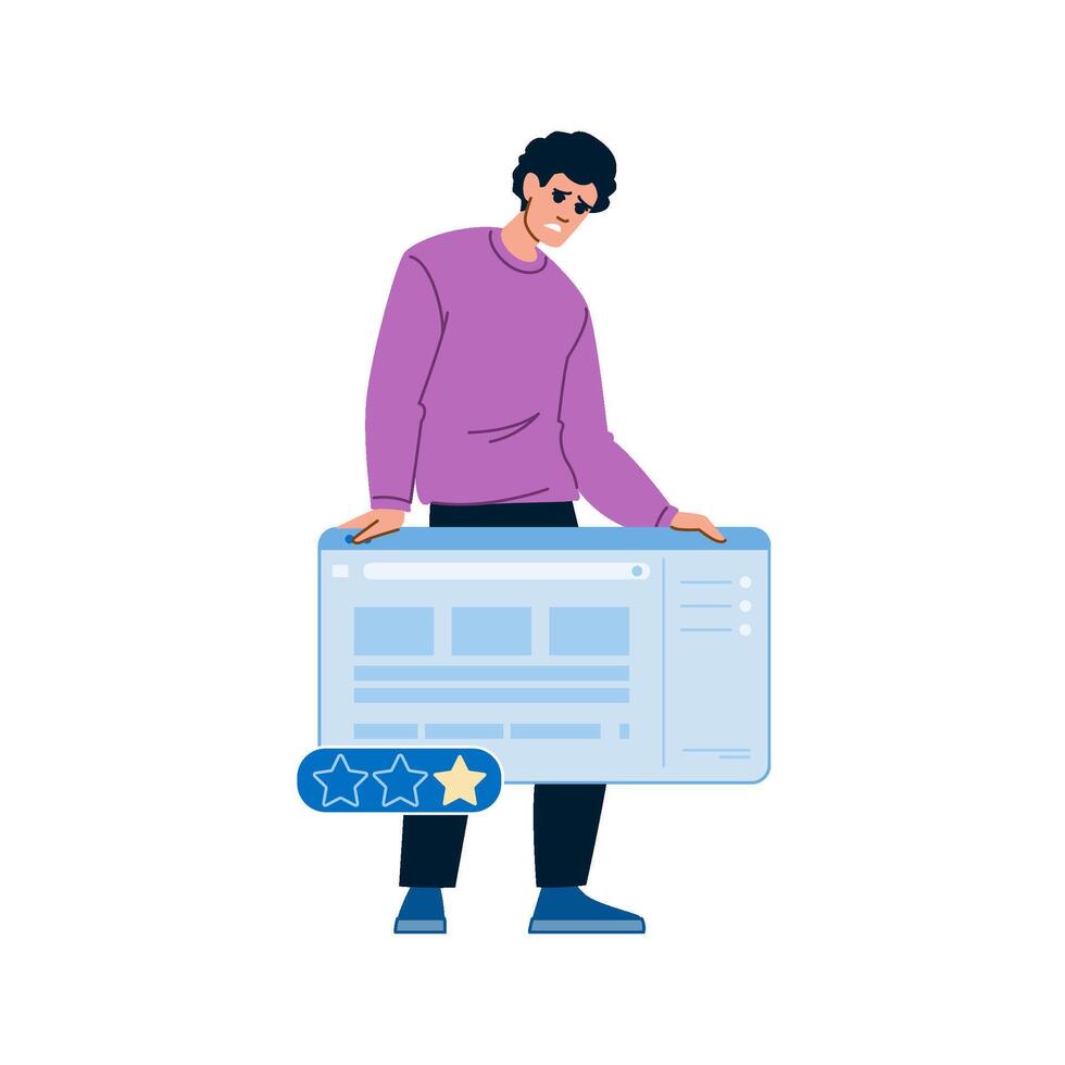 Programmer holding website window with two star rating, expressing disappointment vector
