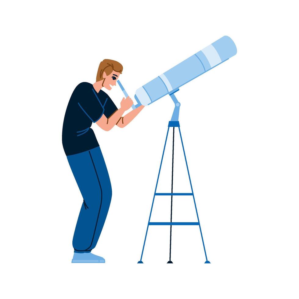 Astronomer exploring night sky using telescope on tripod vector