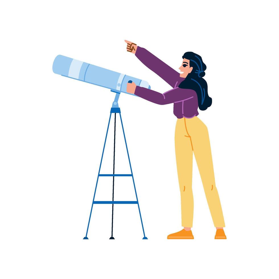 Astronomer looking through telescope and pointing at starry sky vector