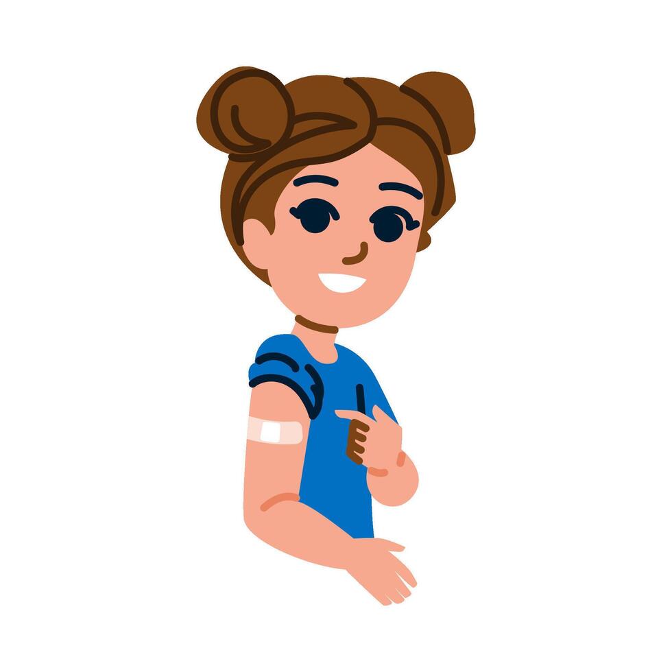 Smiling girl showing vaccinated arm with patch vector