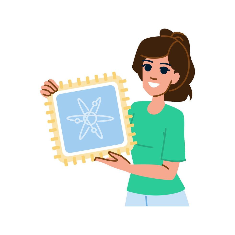 Scientist holding quantum computing microchip smiling vector