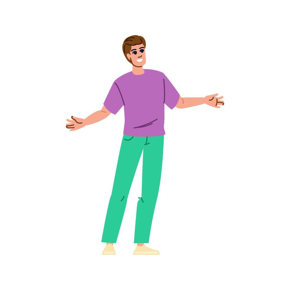 Young man showing or explaining something with open arms and smiling face vector
