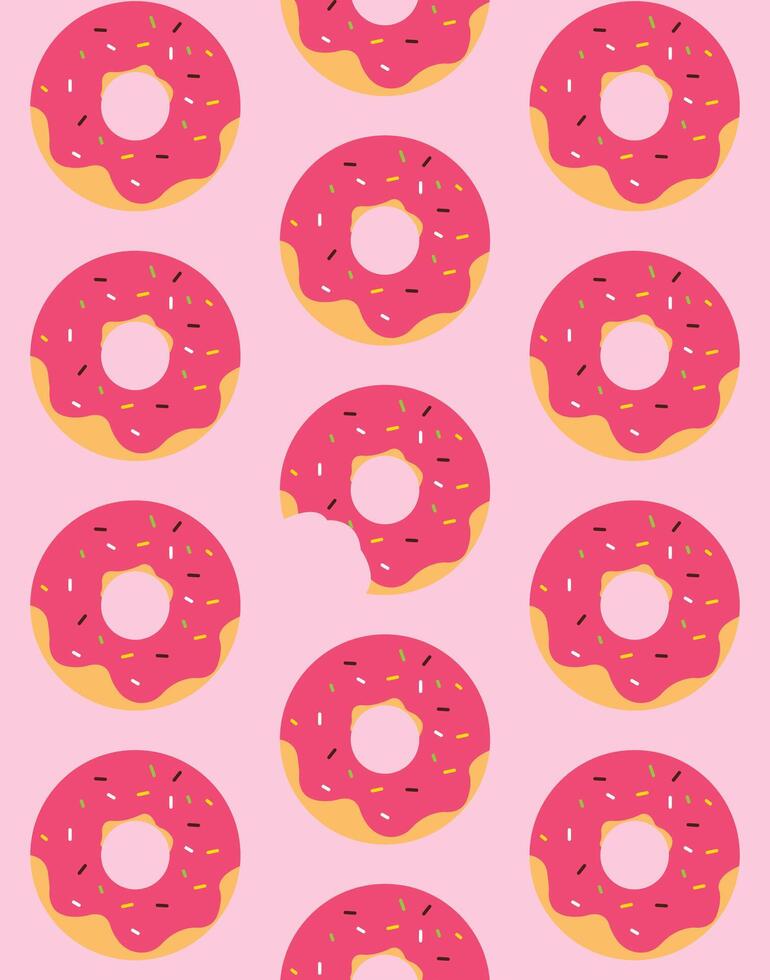 Pink Donut Pattern With Colorful Sprinkles, With A Bite Taken Out Of The Donut In The Center. vector