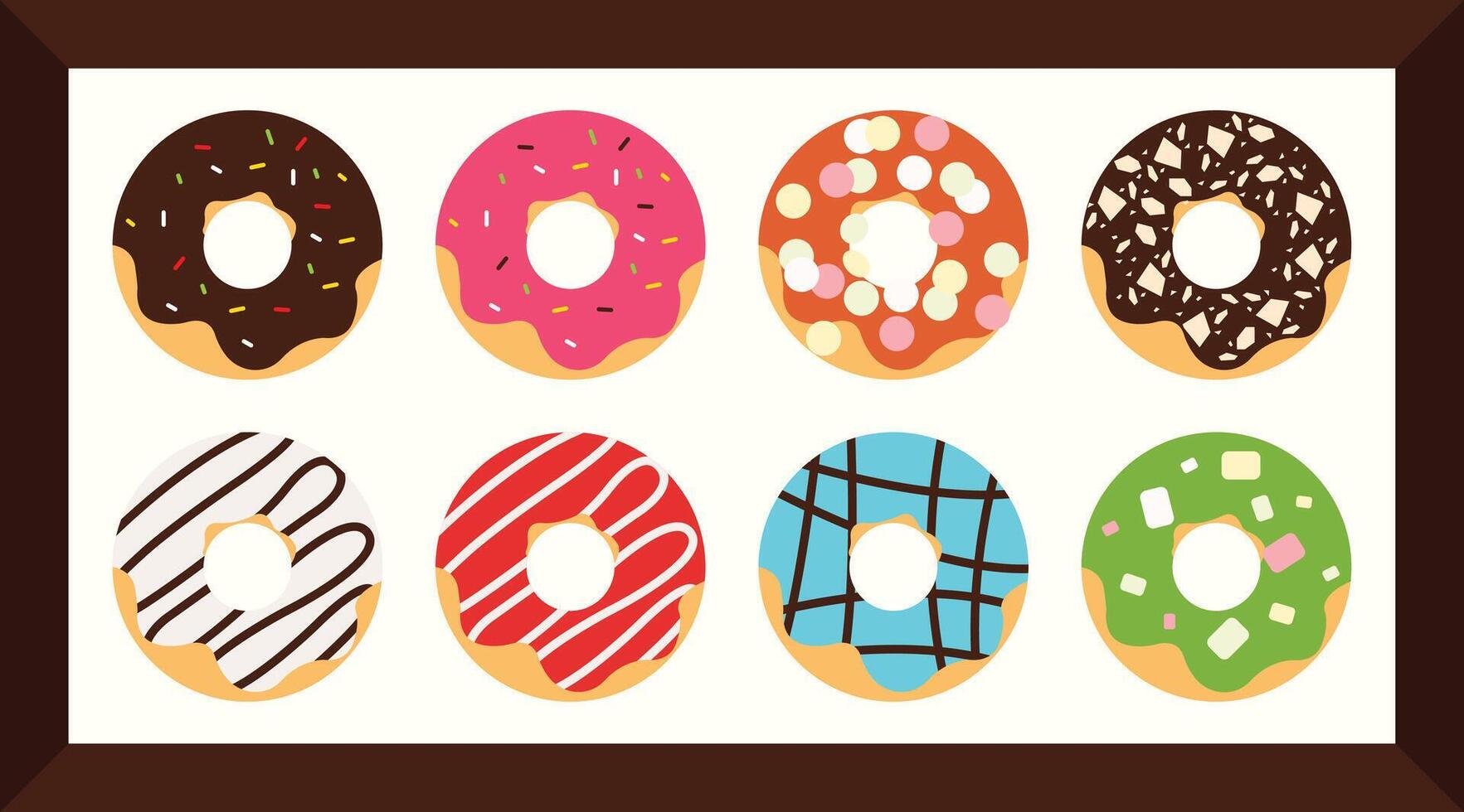 Colorful Donut with Various Types of Topping in The Rectangle Box vector