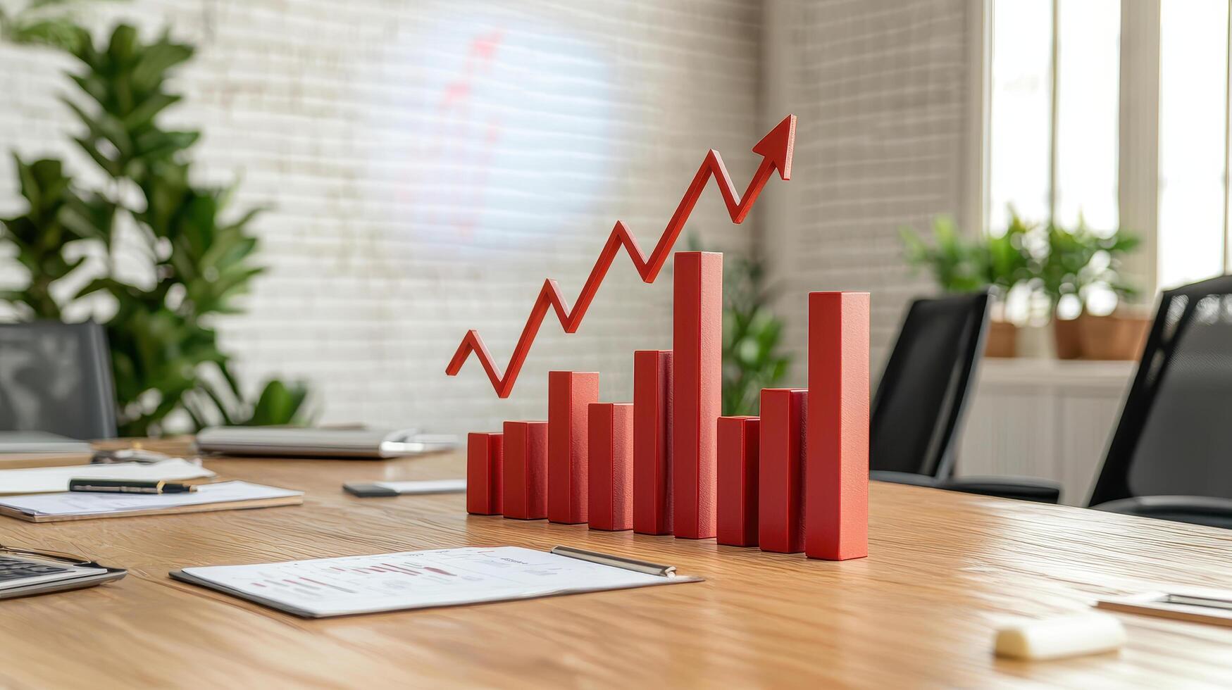 Increasing red bar graphs on conference table symbolize growth photo