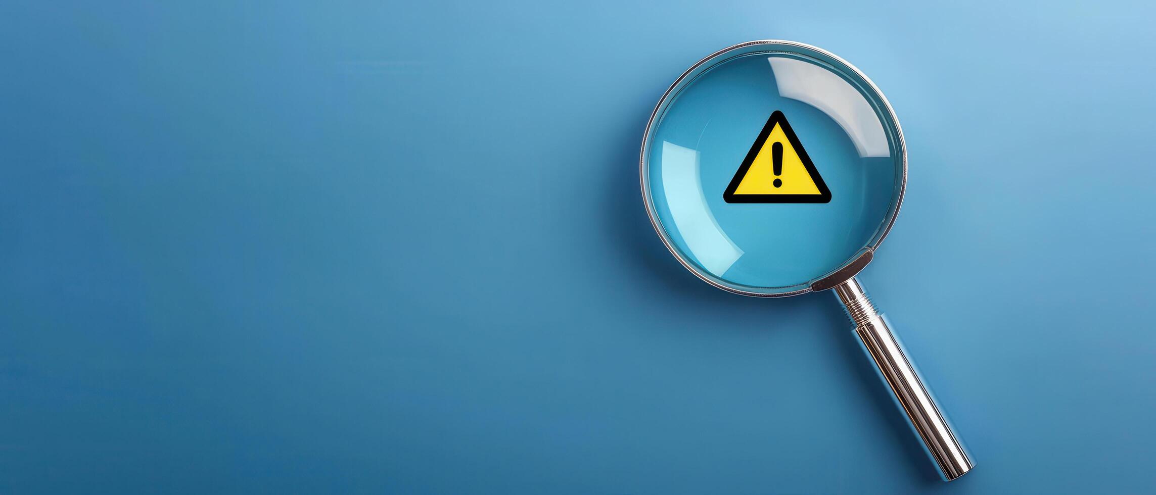 Notification error and risk concept, Magnifying glass focusing on warning triangle symbol photo