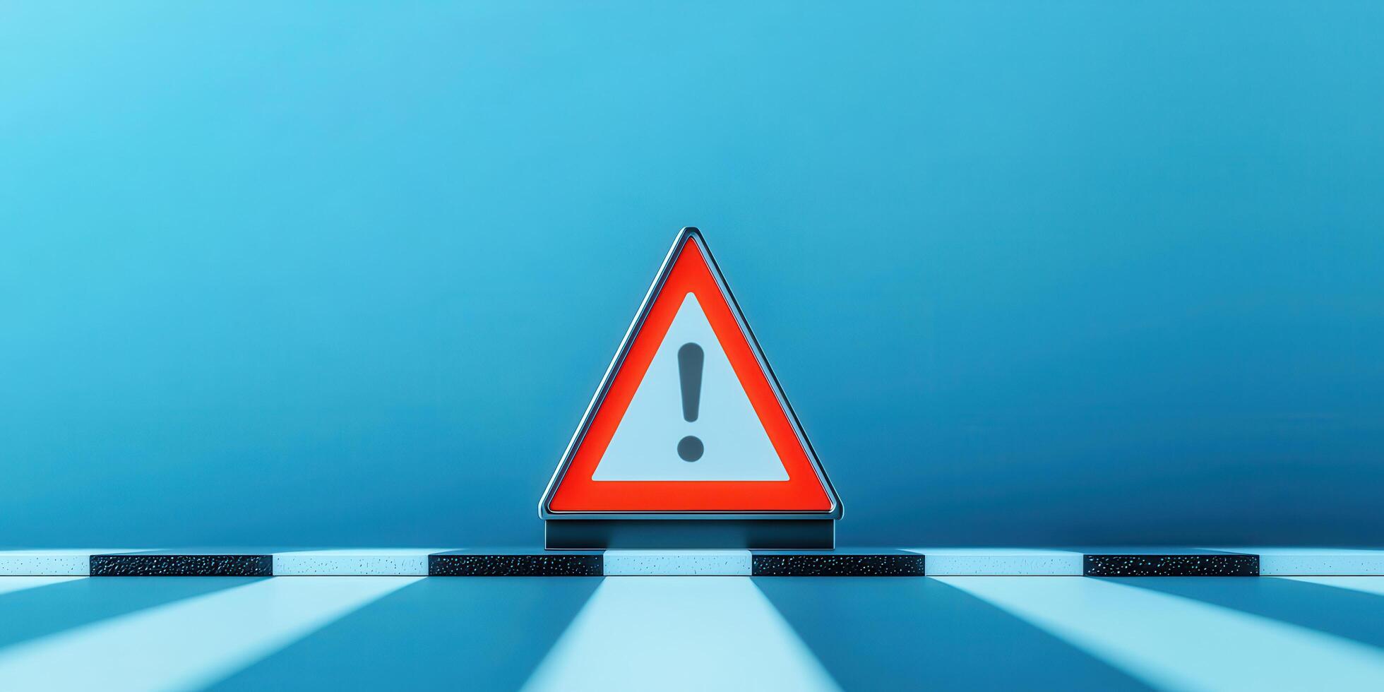 Notification error and risk concept, Warning triangle on road with blue background and stripes photo
