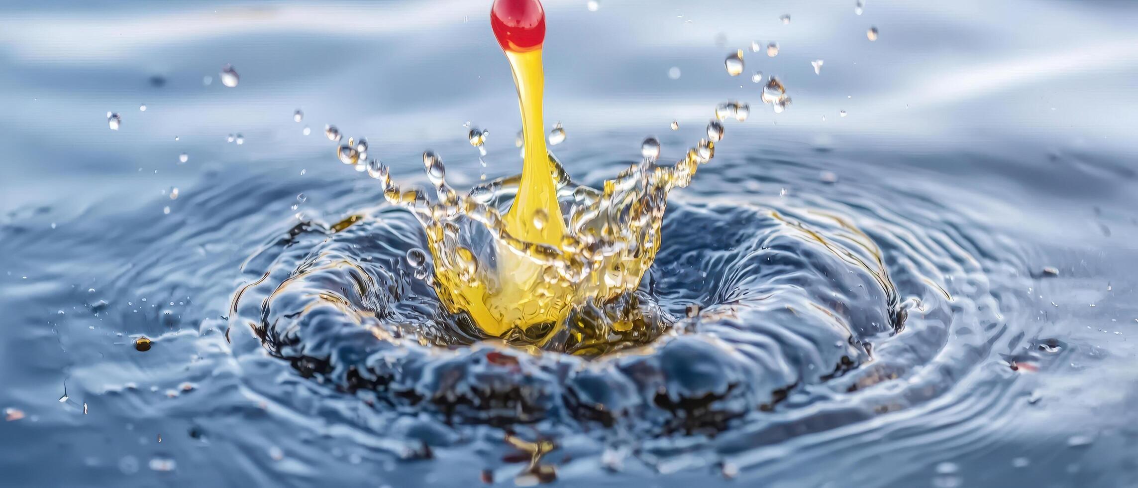 Yellow liquid drop splashing into water creating ripples and dynamic splash effect photo