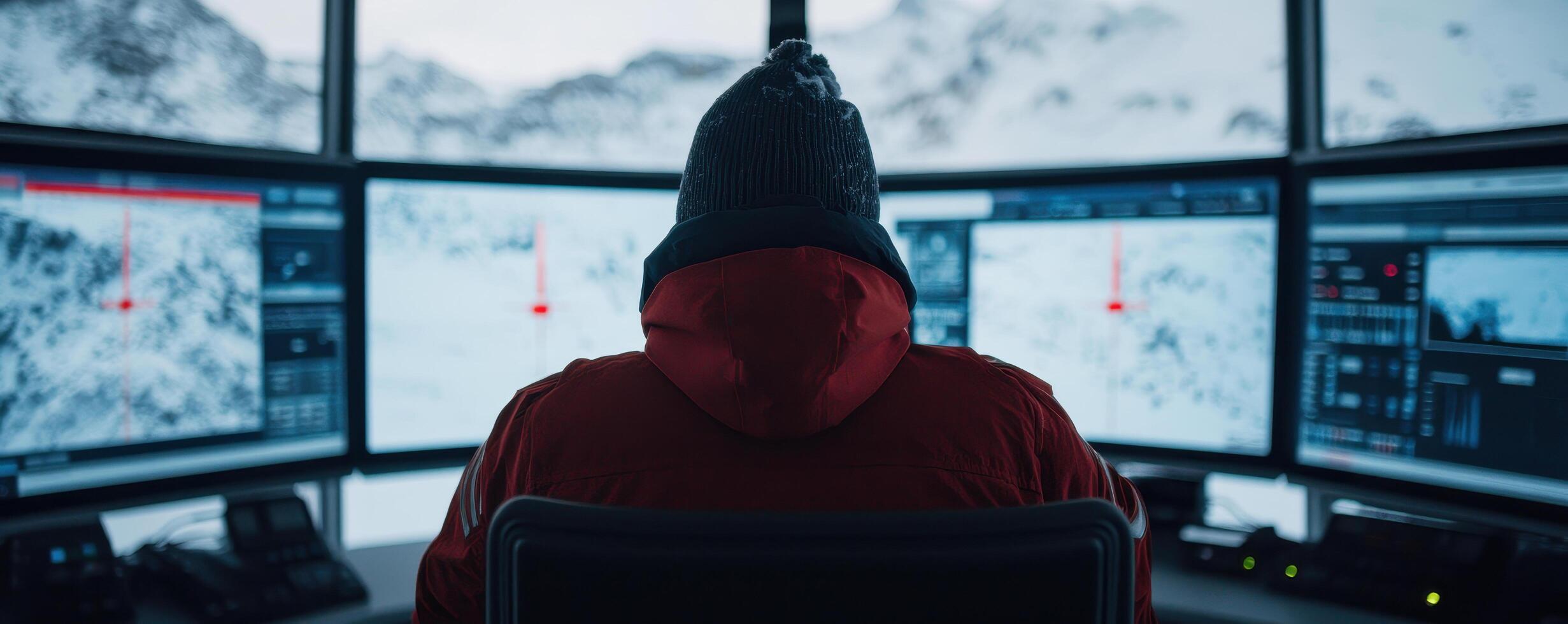 Monitoring snow hazards in control room with multiple screens photo