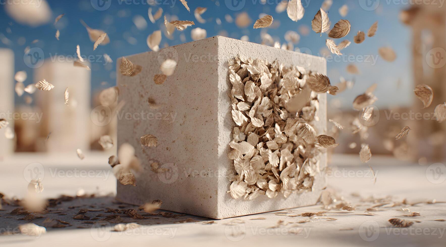 Abstract cube structure with scattered particles. photo