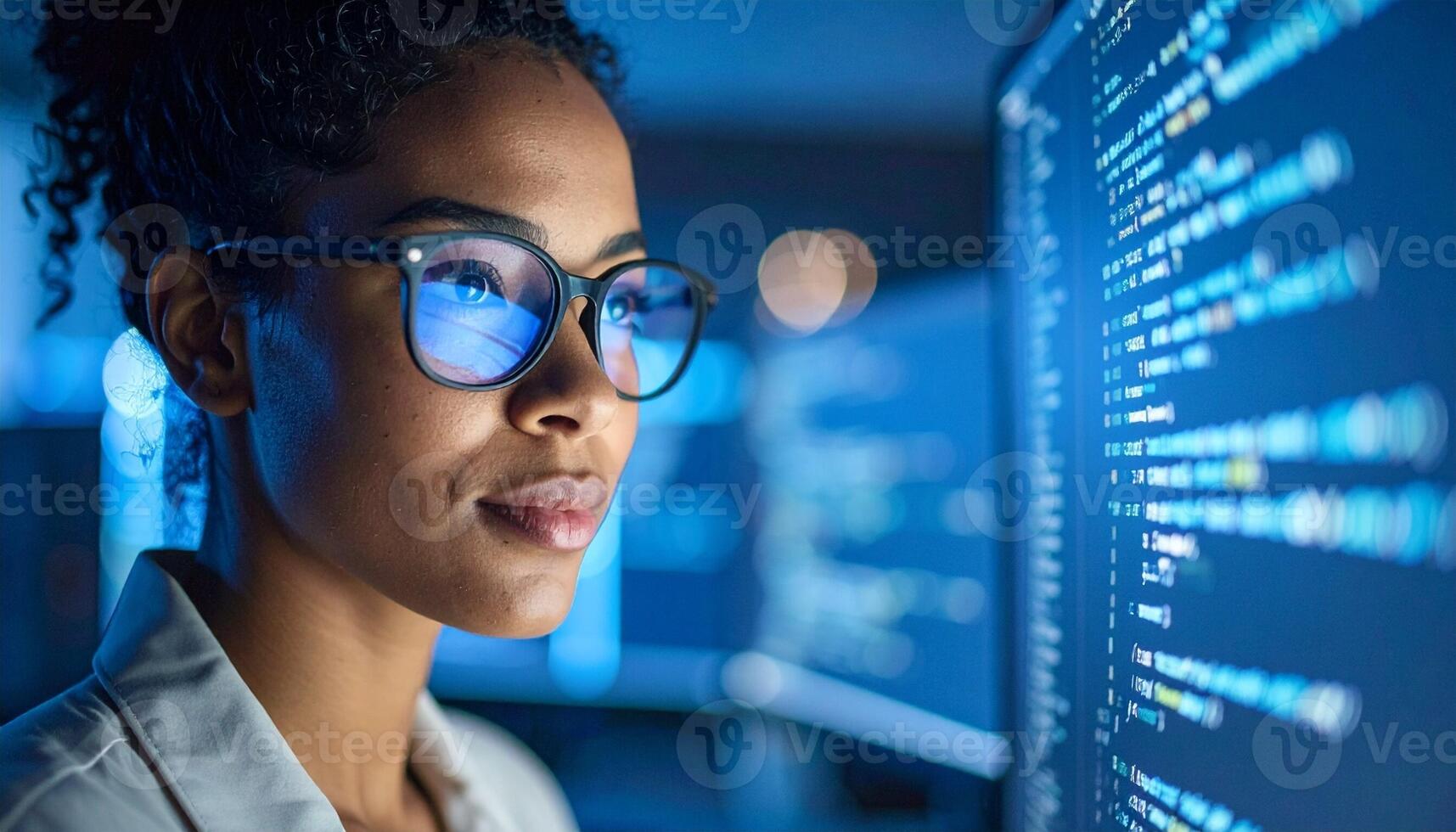 Focused Programmer at Work, Analyzing Code on a Blue Screen photo