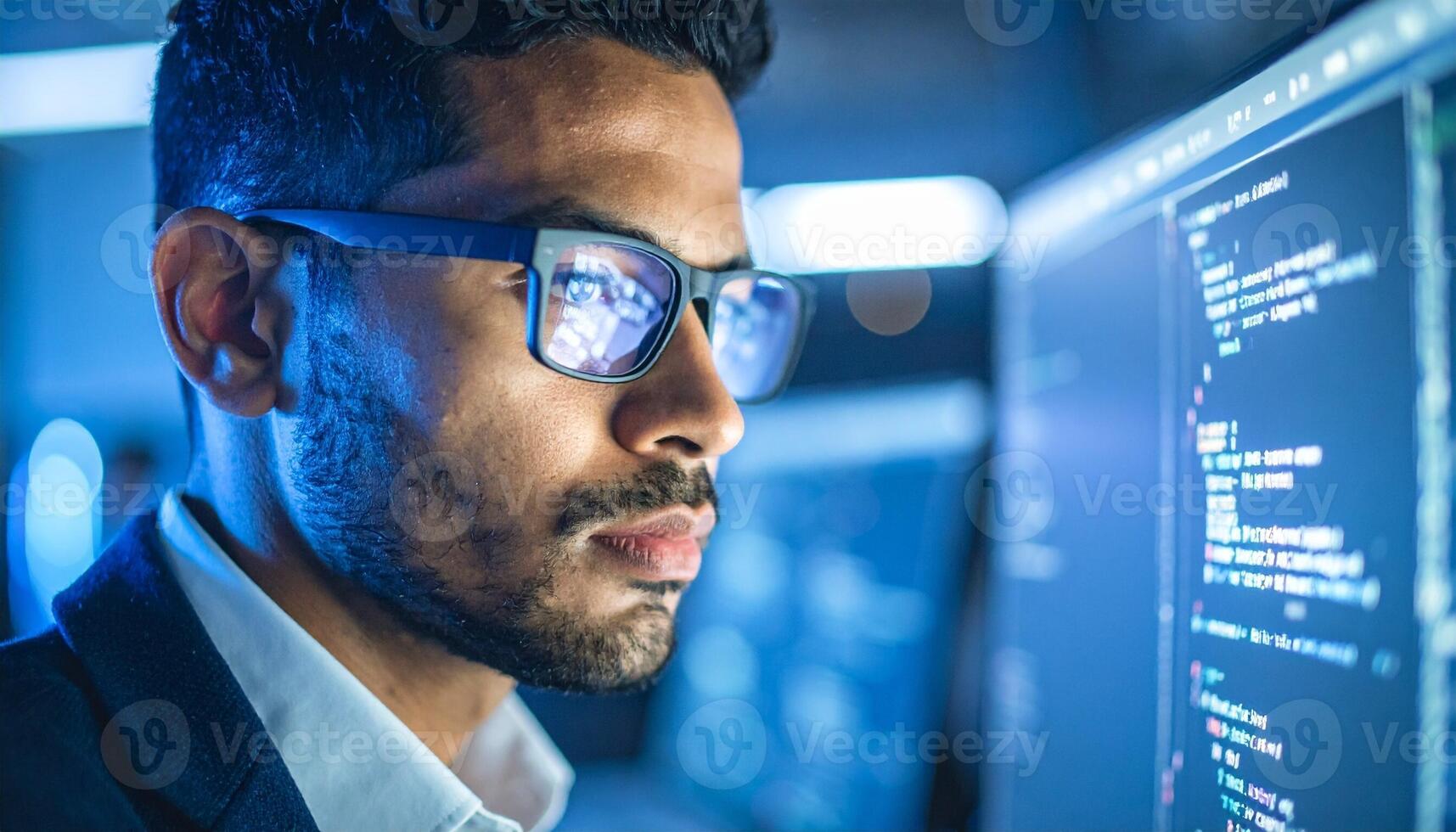 Focused Programmer Analyzing Code on Screen with Reflections photo