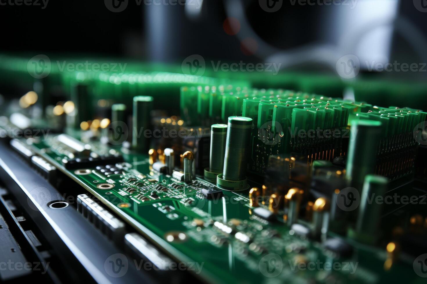 Close-up of printed circuit board with microcircuit and chip in automated assembly workshop photo