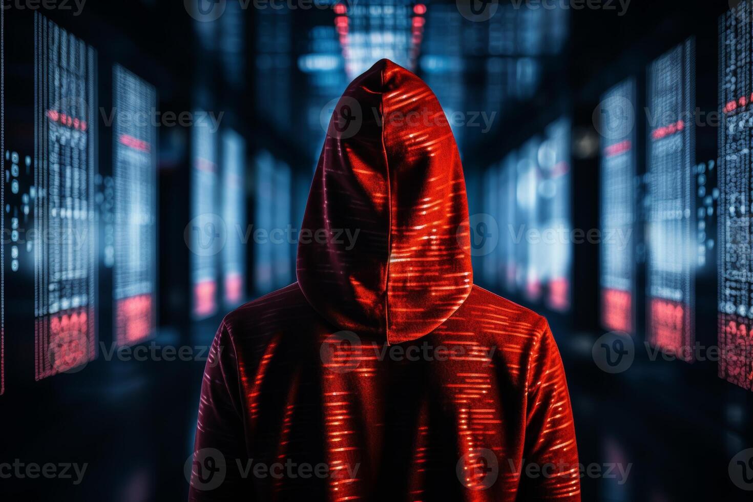 hacker en capucha hackear en computadora pantalla con matriz números, tecnología virus concepto foto