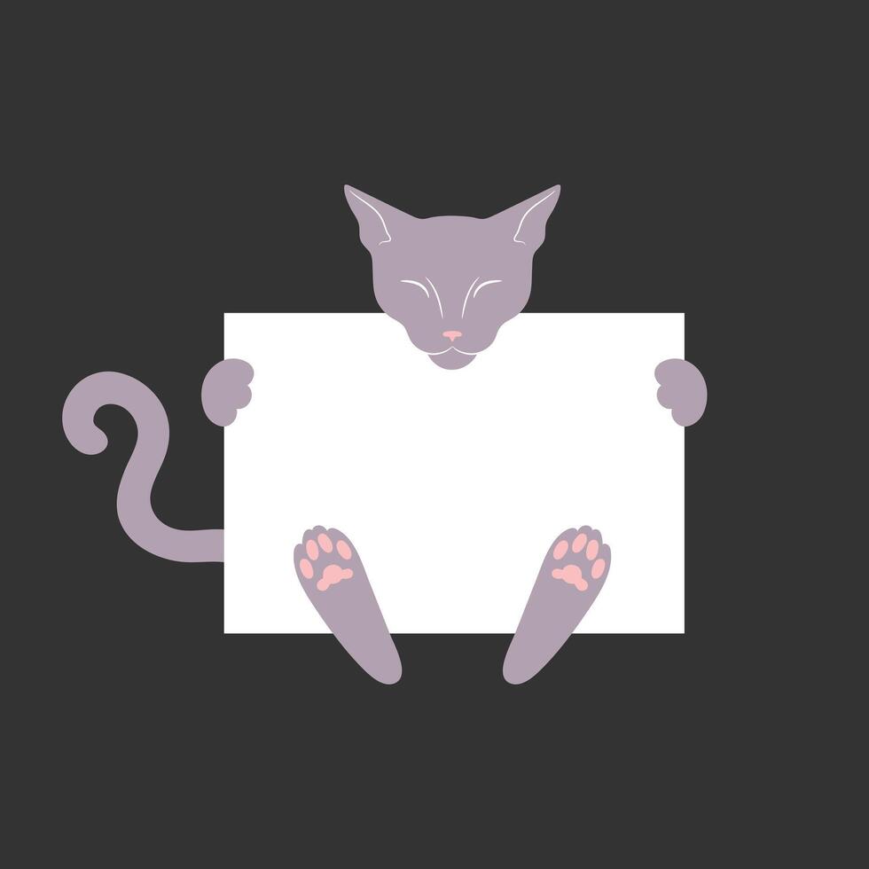 Thin gray cat is holding a blank paper banner with empty space for text vector