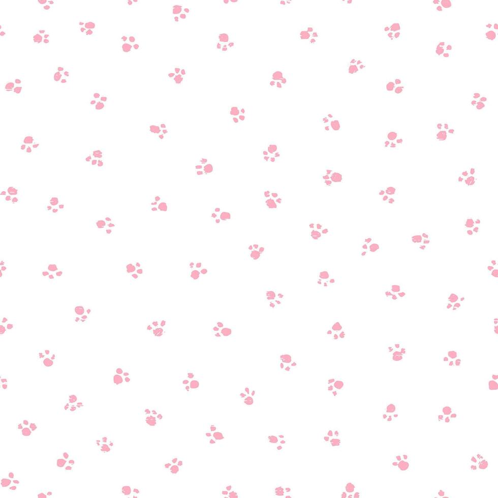 Seamless white background pattern with randomly scattered, distressed pink paw prints. Ideal for pet-themed designs, textiles, and digital art vector