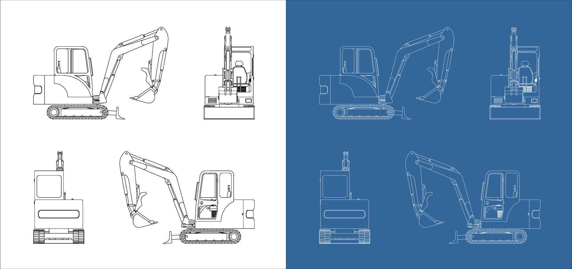 set mini excavator technical line drawing multiple views vector