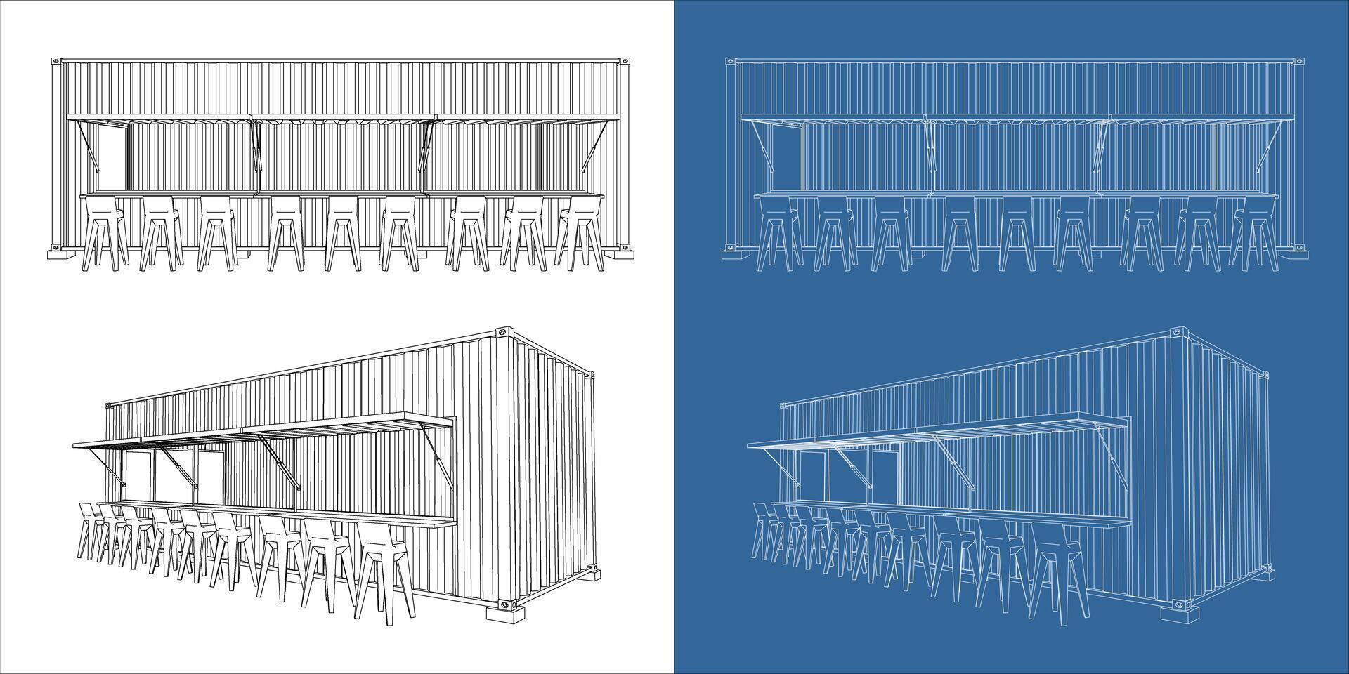 Blueprint shipping container concession stand front and perspective view vector