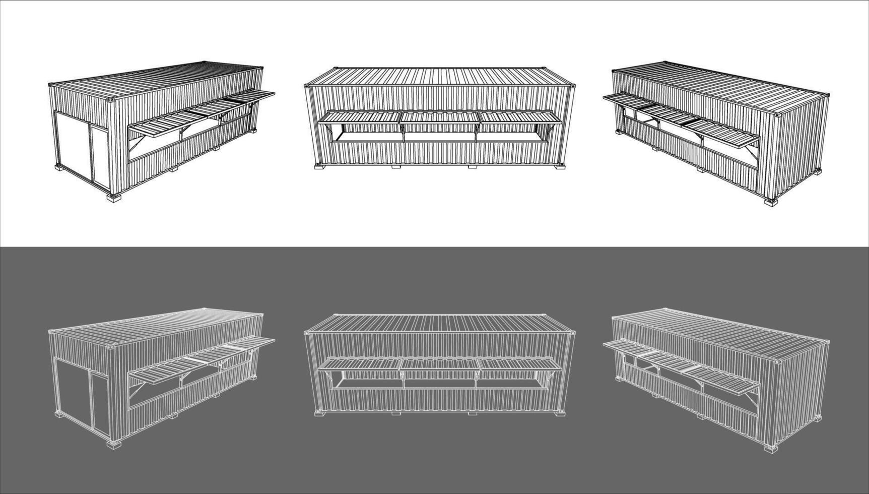 Blueprint shipping container building front and perspective views vector